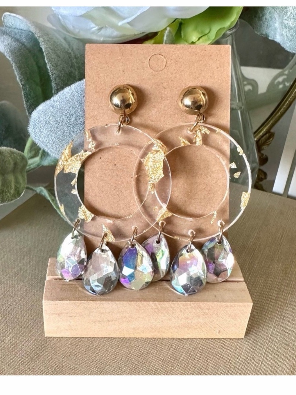 Rhinestone Gold & Iridescent Teardrop Hoop Earrings - Women Jewelry